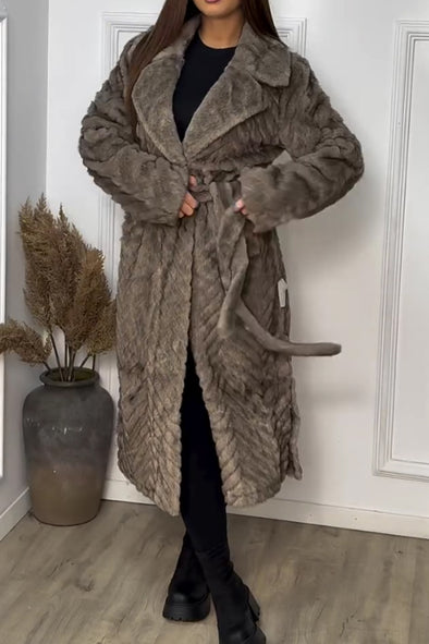Women Casual Large Lapel Soft Textured Pattern Tie-Wrap Plush Warm Coat