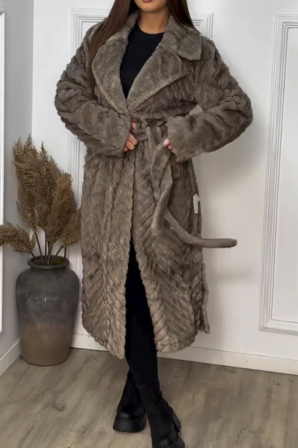 Women Casual Large Lapel Soft Textured Pattern Tie-Wrap Plush Warm Coat