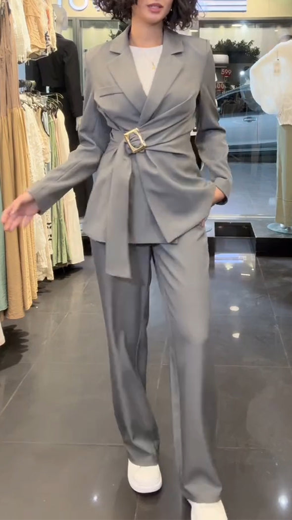 Women Collar Jacket with Metal Buckle Strap Design+ Pants Temperament Commuting Set