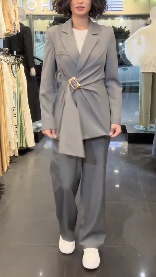 Women Collar Jacket with Metal Buckle Strap Design+ Pants Temperament Commuting Set