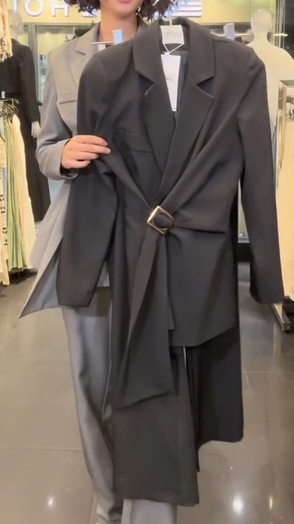 Women Collar Jacket with Metal Buckle Strap Design+ Pants Temperament Commuting Set