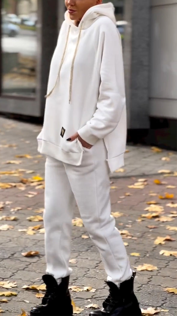 Women Crew Neck Drawstring Sweatshirt + Pants Casual Set