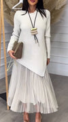 Ladies Inner Mesh Pleated Dress+ Irregular Knitted Sweater Casual Set