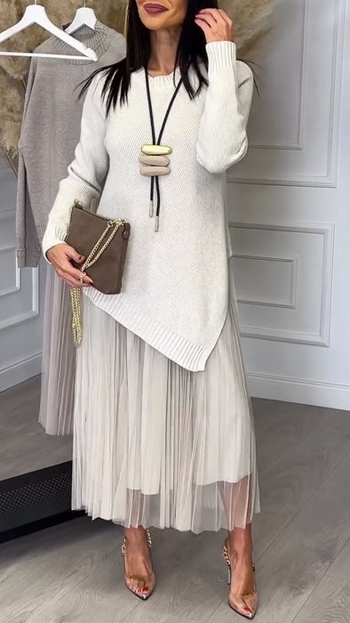 Ladies Inner Mesh Pleated Dress+ Irregular Knitted Sweater Casual Set