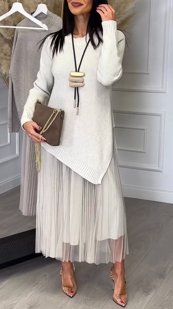 Ladies Inner Mesh Pleated Dress+ Irregular Knitted Sweater Casual Set