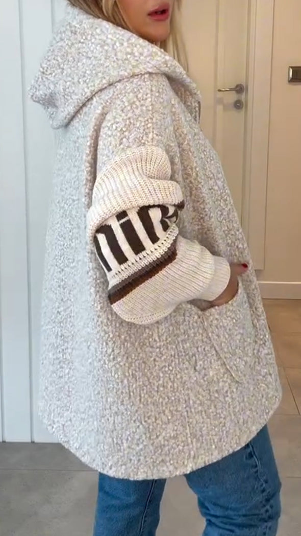 Ladies Hooded Spliced Knitted Sleeves Casual Plush Jacket