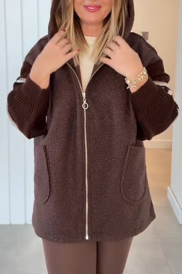 Ladies Hooded Spliced Knitted Sleeves Casual Plush Jacket