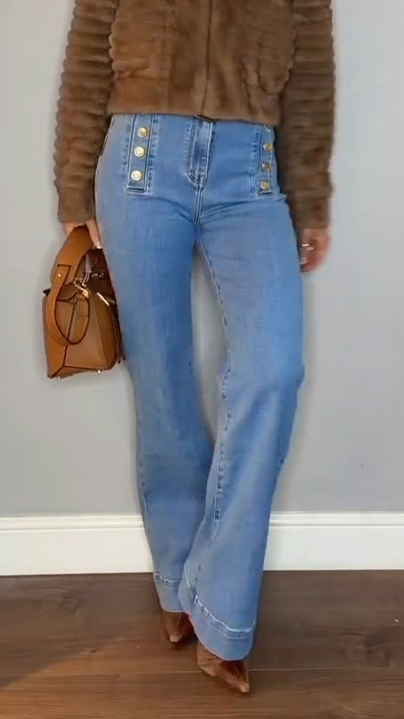 Women High-waisted Double-breasted Casual Jeans