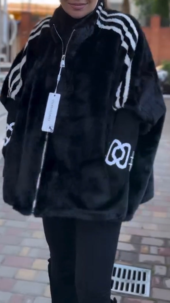 Women Collar Splicing Knitted Printed Sleeves Casual Plush Coat