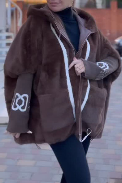 Women Hooded Patchwork Knit Printed Sleeve Casual Plush Coat