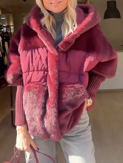 Ladies Hooded Spliced Knitted Sleeves Casual Plush Coat