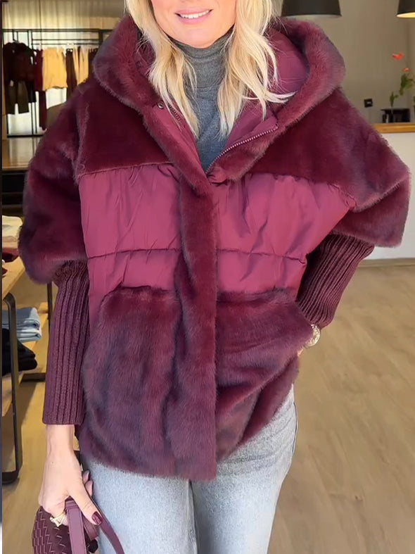 Ladies Hooded Spliced Knitted Sleeves Casual Plush Coat