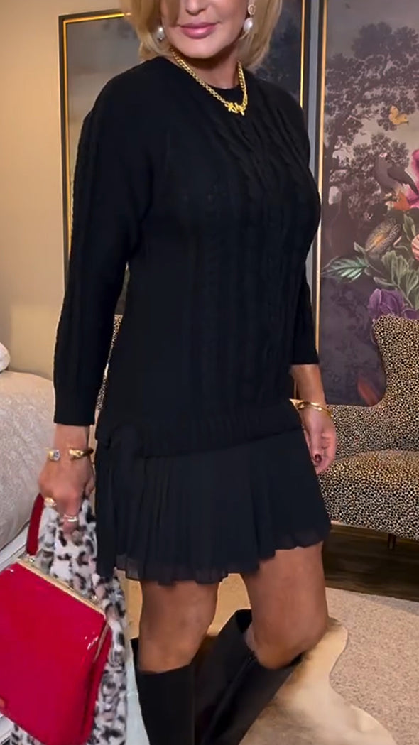 Women Round Neck Twist Braided Patchwork Elegant Casual Sweater Dress