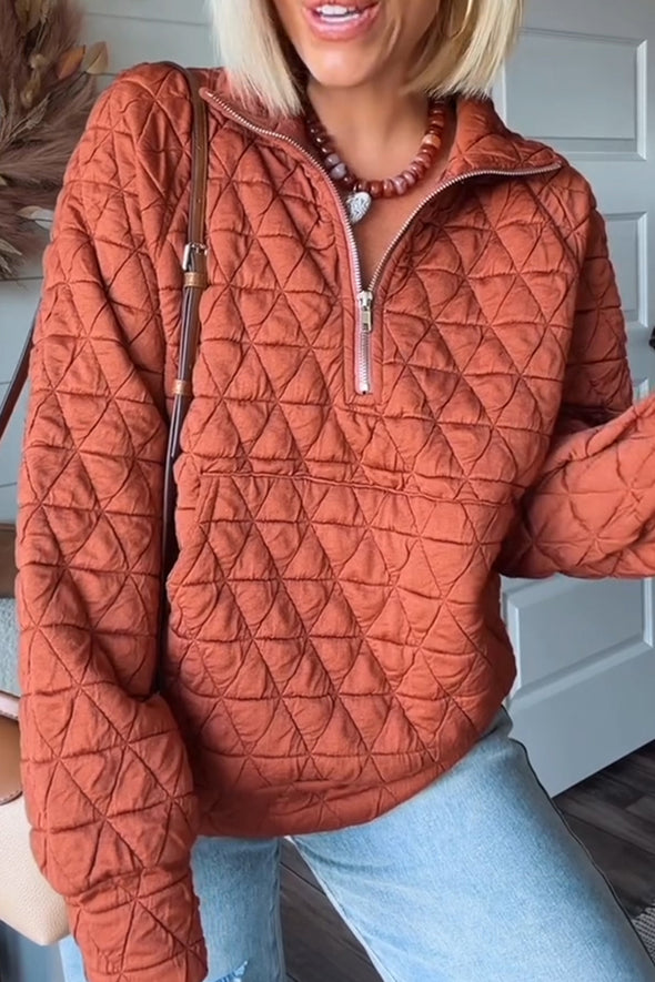 Ladies Lapel Half Zip Plaid Casual Top