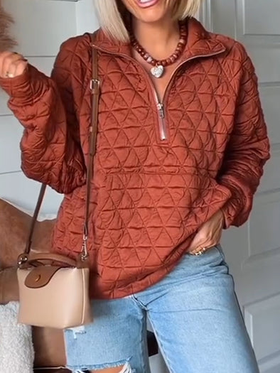 Ladies Lapel Half Zip Plaid Casual Top