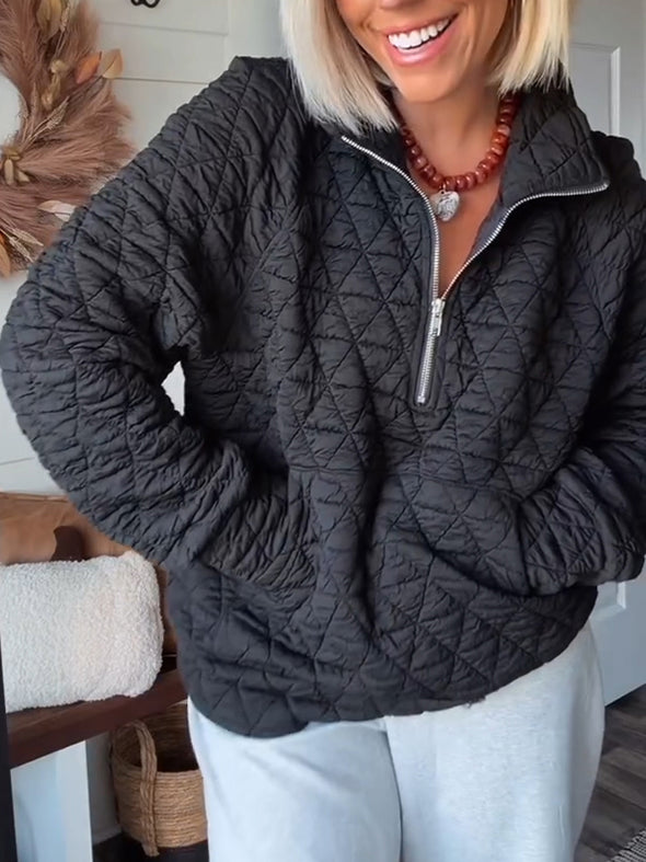 Ladies Lapel Half Zip Plaid Casual Top