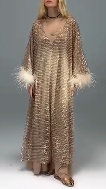 Ladies V-neck Spliced Sleeve Woolen Strip Design Rhinestone Glitter Elegant Temperament Dinner Party Dress