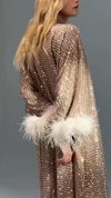 Ladies V-neck Spliced Sleeve Woolen Strip Design Rhinestone Glitter Elegant Temperament Dinner Party Dress