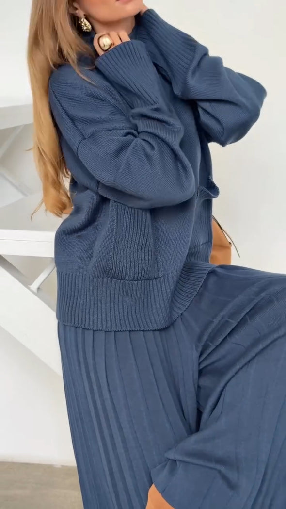 Women High Neck Knitted Sweater+ Pants Solid Color Casual Set