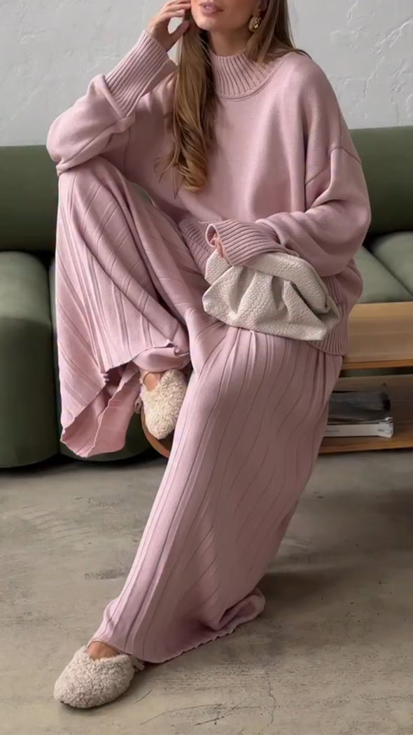 Women High Neck Knitted Sweater+ Pants Solid Color Casual Set