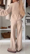 Women Round Neck Waist-cinching Top + Pants Solid Color Casual Suit