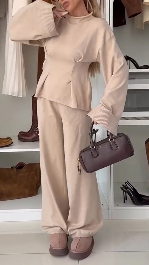 Women Round Neck Waist-cinching Top + Pants Solid Color Casual Suit