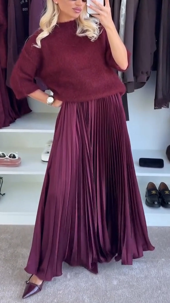 Ladies Round Neck Sweater+ Pleated Skirt Casual Set