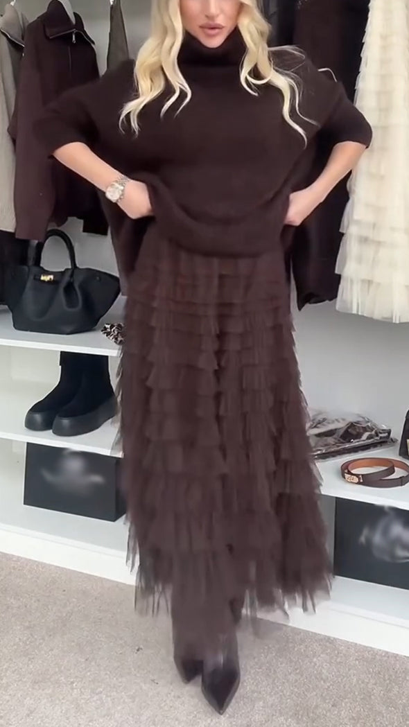 Women Turtleneck Sweater + Spliced Mesh Skirt Casual Suit