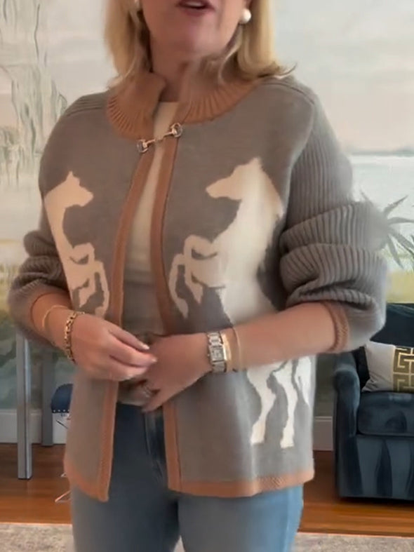 Ladies Patchwork Printed Casual Knitted Cardigan