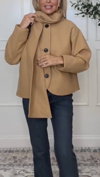 Women's Round Neck Button-down Coat + Scarf Set