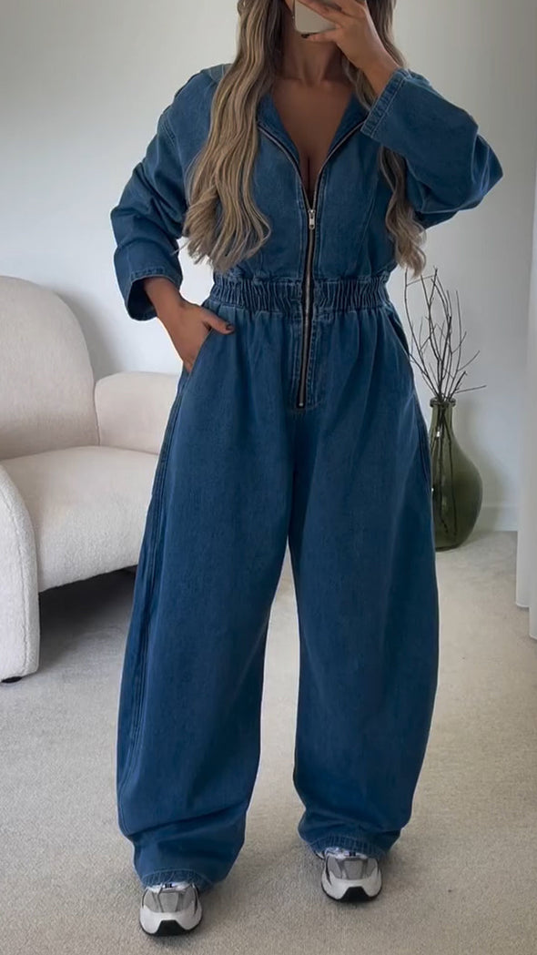 Women Collared Hooded Patchwork Zipper Casual Denim Jumpsuit
