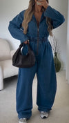 Women Collared Hooded Patchwork Zipper Casual Denim Jumpsuit
