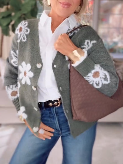 Women Printed Button-Down Casual Plush Cardigan