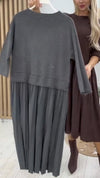 Ladies Round Neck Spliced Solid Color Casual Dress