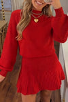 Ladies Round Neck Knitted Top+ Pleated Skirt Casual Set