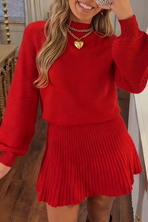 Ladies Round Neck Knitted Top+ Pleated Skirt Casual Set