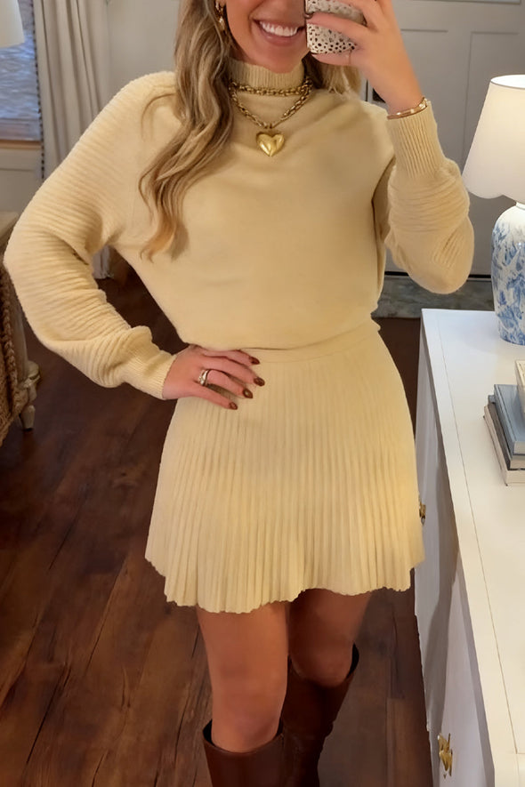 Ladies Round Neck Knitted Top+ Pleated Skirt Casual Set