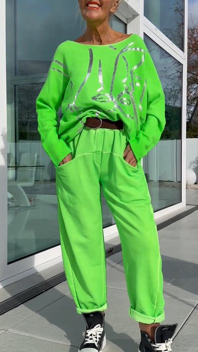 Ladies Round Neck Printed Top and Pants Casual Set