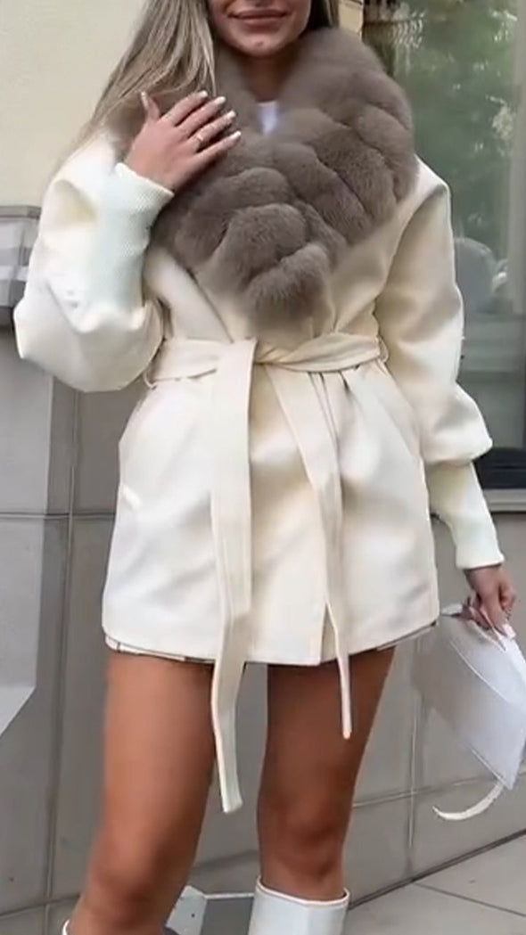 Women Fur Collar Spliced Knit Sleeve Casual Coat