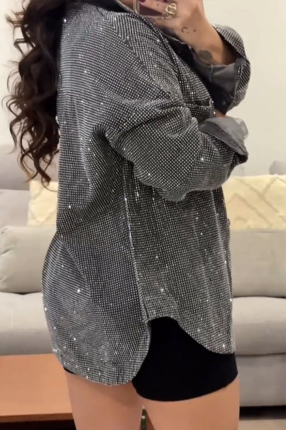 Ladies Lapel Breasted Rhinestone Casual Jacket