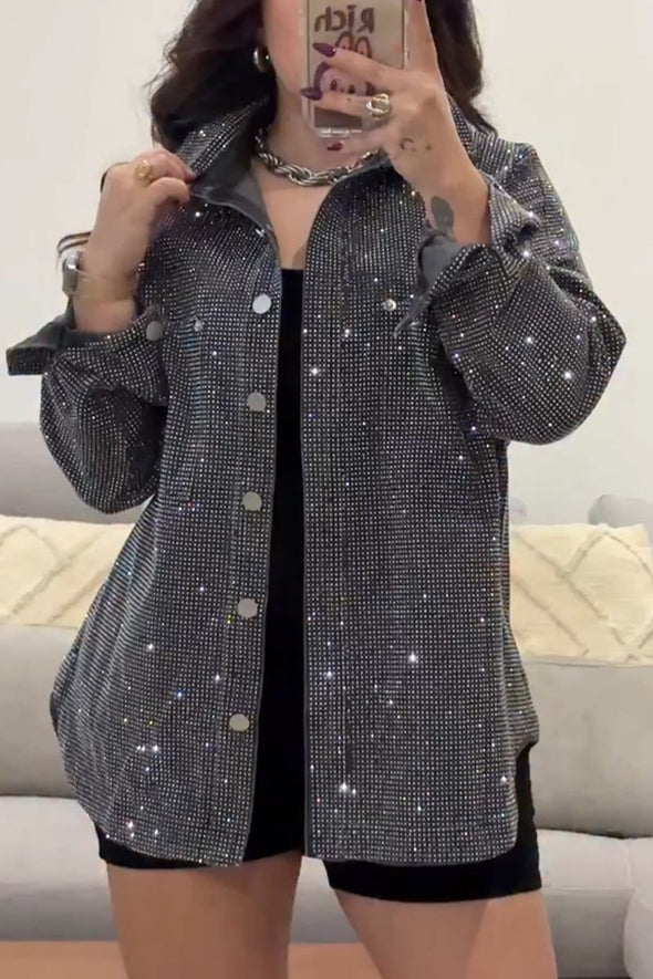 Ladies Lapel Breasted Rhinestone Casual Jacket