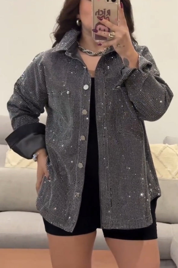Ladies Lapel Breasted Rhinestone Casual Jacket