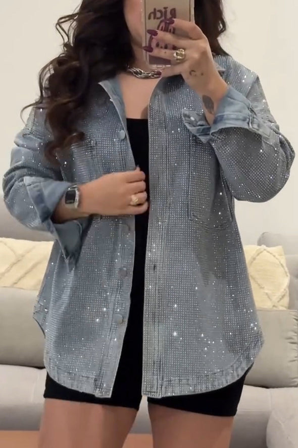 Ladies Lapel Breasted Rhinestone Casual Jacket