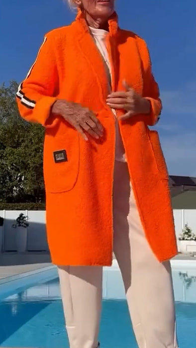 Ladies Stand Collar Vertical Stripe Casual Plush Jacket