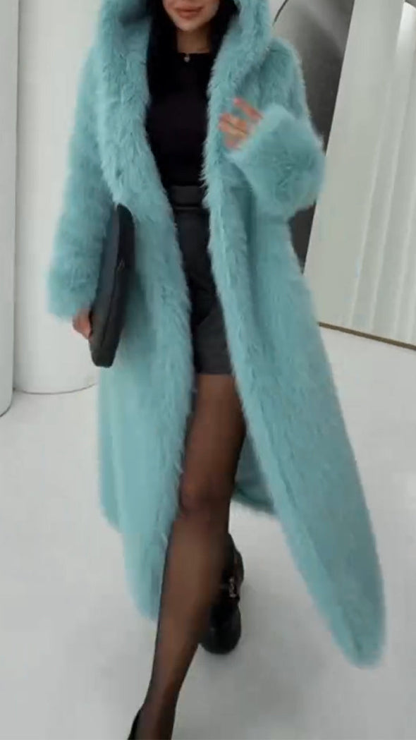 Women Hooded Solid Color Temperament Casual Plush Coat