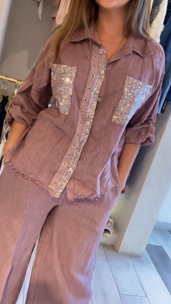 Ladies Lapel Patchwork Sequin Casual Set