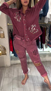 Ladies Lapel Print Rhinestone Top+ Patchwork Sequin Pants Casual Set