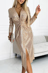 Women V-neck Pleated Sequined Slit Elegant Temperament Evening Party Dress
