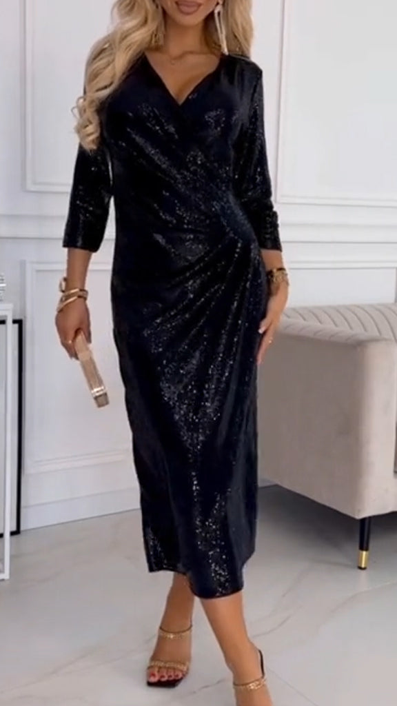 Women Deep V-neck Sequin Elegant Temperament Dress