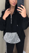 Women Hooded Half Zipper Patchwork Sequined Sweatshirt+ Pants Casual Set